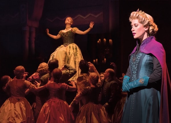 Patti Murin Anna Caissie Levy Elsa and the Company of FROZEN on Broadway Lift. Photo by Deen van Meer