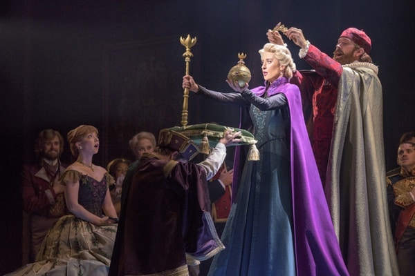 Patti Murin Anna and Caissie Levy Elsa with Jacob Smith in FROZEN on Broadway. Photo by Deen van Meer