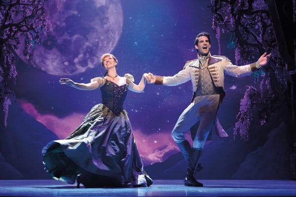 Patti Murin Anna and John Riddle Hans in FROZEN on Broadway. Photo by Deen van Meer