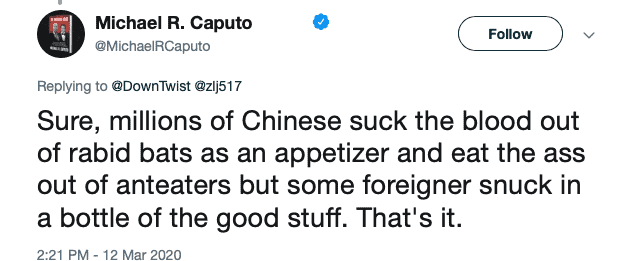 New Trump Administration Spox Claimed Chinese People 'Eat The Ass Out Of Anteaters' 2 Screen Shot 2020 04 23 at 3.07.45 PM
