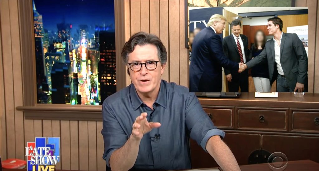 Stephen Colbert Unloads On Jerry Falwell'S Cuck Affair, Shares Photo Of Trump Shaking Hands With Pool Boy: Watch 1 stephen colbert jerry falwell jr