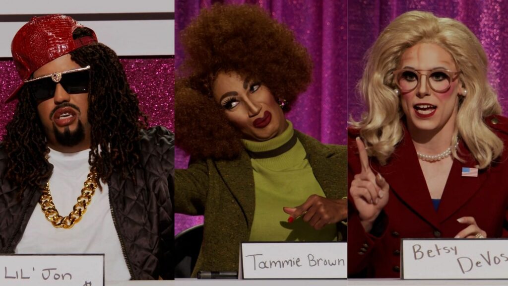'Rupaul'S Drag Race' Season 14 Presents The Deadliest Snatch 3 DeJa as Lil Jon, Angeria as Tammie Brown and Jasmine as Betsy DeVos on RuPaul's Drag Race.